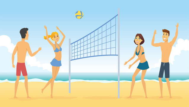 Beach volleyball - cartoon people character illustration