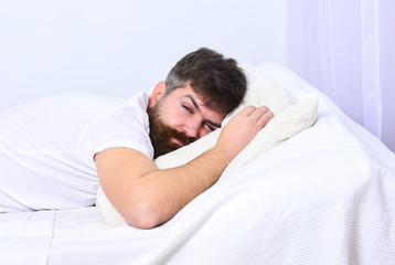 Man in shirt laying on bed, white wall on background. Nap and siesta concept. Macho with beard and mustache sleeping, relaxing, having nap, rest. Guy on tired face sleeping on white sheets and pillow.