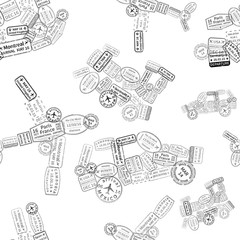 A lot of black immigration stamps arranged in car, plane, ship and train shape on white, seamless pattern