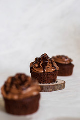 Chocolate espresso cupcakes. One on a wooden plate. Poured and sprinkled with chocolate.