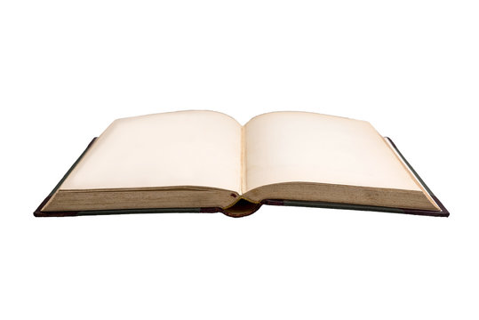 Open old book with blank pages on a white background.