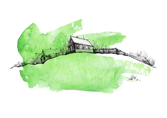 Countryside landscape. Illustration of watercolors and black mascara. Abstract green splash of paint. Silhouettes the village. Watercolor logo, postcard on a white background. 