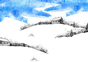 Countryside landscape. Illustration of watercolors and black mascara. Abstract blue splash of paint. Silhouettes the village. Watercolor logo, postcard on a white background.