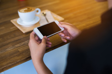 woman using on mobile phone during rest in coffee shop