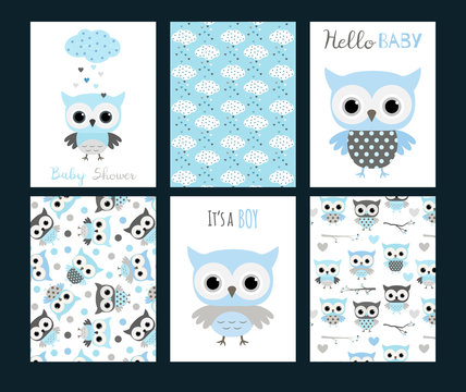 Vector baby boy shower invitation templates or greeting cards with cute owl animals in blue and grey colors