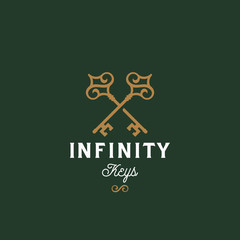 Infinity Keys. Abstract Vector Sign, Symbol or Logo Template. Crossed Keys Sillhouettes with Infinite Loop Elements and Classy Retro Typography. Vintage Vector Emblem.