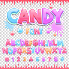 Candy Latin font design. Sweet ABC letters and numbers. Cute children alphabet.