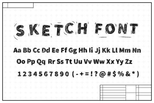 Black sketch font on blueprint layout plan with marks