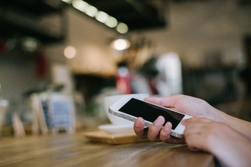 woman using on mobile phone during rest in coffee shop