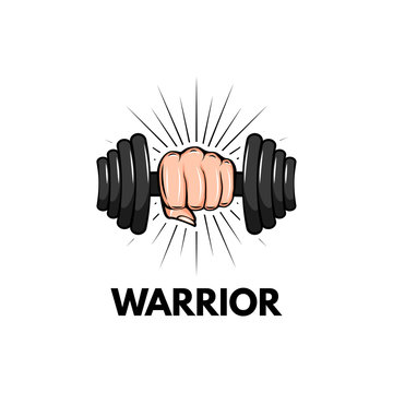 Dumbbell icon. Fist. Sport badge. Warrior inscription. Hand holding weight. Motivation poster. Vector.