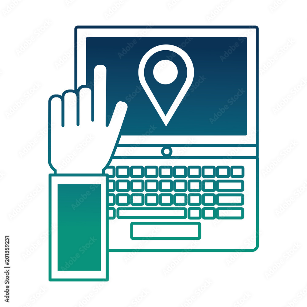 Poster hand pressing laptop with pointer map vector illustration degraded color