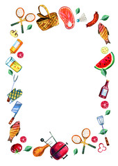 Hand drawn watercolor set of various  objects for picnic, summer eating out and barbecue in vertical rectangular frame