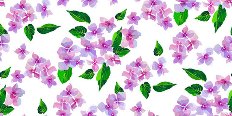 Lilac wild flowers seamless pattern. Small flowers and leaves hand drawn. Vector illustration for textile, wrapping, scrapbooking.