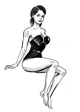 Ink black and white drawing of a pin-up woman