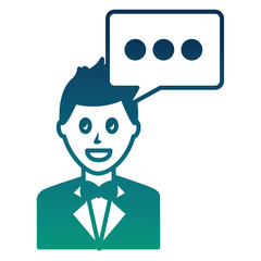 happy man elegant with suit and bowtie and speech bubble vector illustration  degraded color