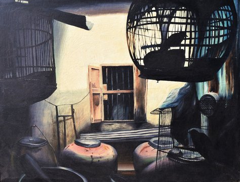 The silhouette of the bird in the cage has red jars with cream-colored wall and window in background, Captivity of creatures with wings, Oil painting on canvas 