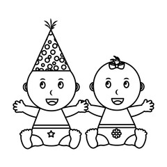 cute little baby boy and girl sitting vector illustration outline