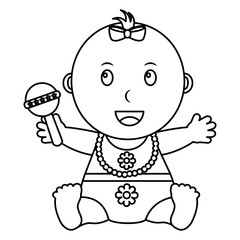 cute little baby girl holding toy rattle vector illustration outline
