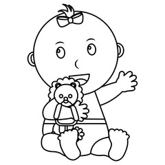 cute little baby girl embraced lion toy vector illustration outline
