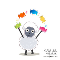 Cute sheep holding candy. Colorful candies. Islamic Festival of Sacrifice, Eid Al Adha celebration greeting card