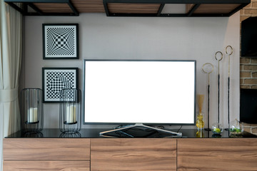 TV and shelf in living room Contemporary style. Furniture in brown with decorative at home.