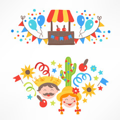 Obraz na płótnie Canvas Festa Junina compositions with balloon, garland, confetti, apple, sunflower, star