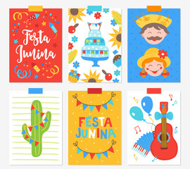 Set of Festa Junina greeting cards with confetti, cake, sunflower, corn
