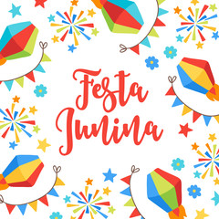 Festa Junina greeting card with firework, garland, lantern, flower, star