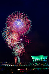 Abstract colored firework holiday celebrate at Yokohama harbor in summer