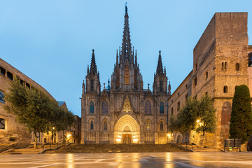 Panorama of Barcelona Cathedral of the Holy Cross and Saint Eulalia during morning blue hour, Barri Gothic Quarter in Barcelona, Catalonia, Spain. - obrazy, fototapety, plakaty