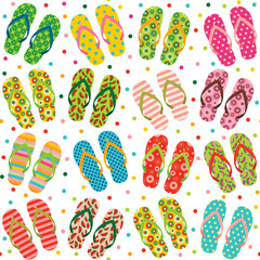 Vector seamless repeat pattern with colorful summer flip flops or beach sandals for vacation clothing and holiday fashion designs