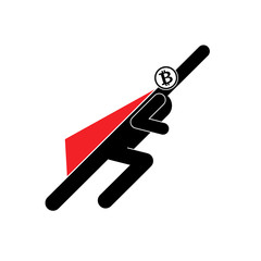 Bitcoinman flying up. Superhero Pictogram. Super hero sign and crypto currency symbol. Vector illustration