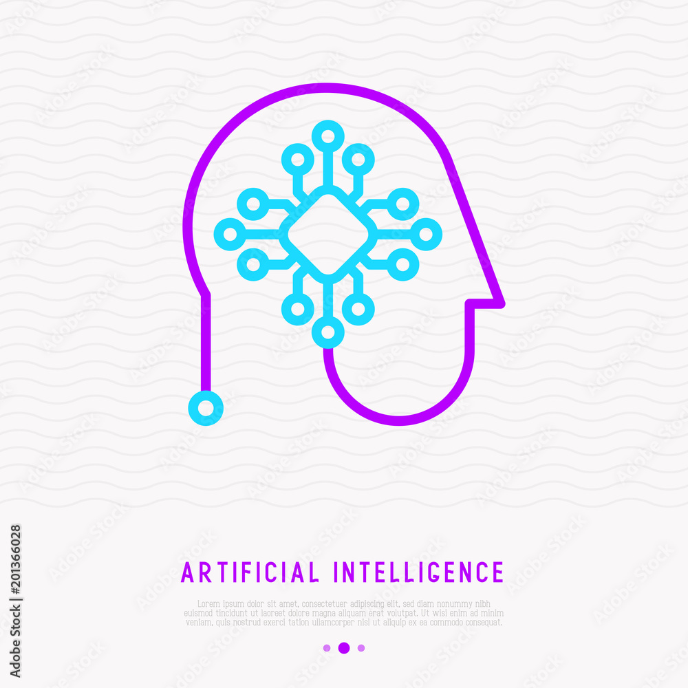 Poster artificial intelligence or machine learning thin line icon, chip in head. modern vector illustration