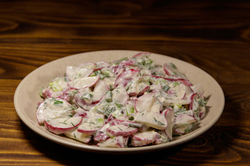 Spring salad with radish, dill and green onions and sour cream