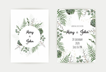 Fototapeta na wymiar Wedding Invitation with green leaf , eucalyptus branches, decorative wreath frame pattern. Vector elegant watercolor rustic template