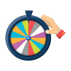 hand with prize wheel of fortune icon over white background, colorful design. vector illustration