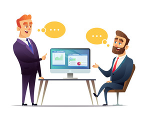 Two businessmen discuss the strategy of doing business. The employee tells the boss about business ideas. Predprenimateli talk about commercial enterprise.