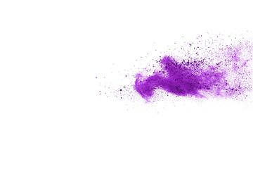 Purple powder explosion on white background. Colored cloud. Colorful dust explode. Paint Holi.