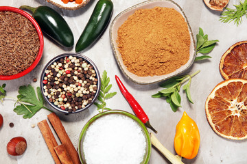 Spices and herbs on table. Food and cuisine ingredients.