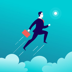 Vector flat illustration with businessman jumping above clouds on blue sky. Motivation, moving upwards, aspirations, new aims and perspectives, achievements - metaphor.