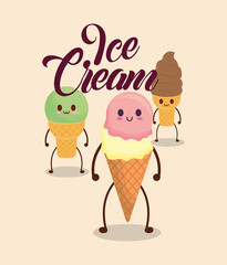 kawaii ice creams over orange background, colorful design. vector illustration