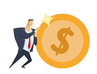 Businessman in office suit pushing big dollar coin forward. Achieving goals. Race for success. Sisyphean business. Concept flat vector illustration, isolated on white background.