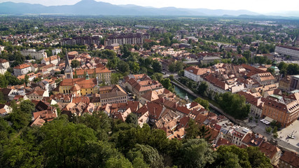 Aerial view of Ljubljana, capital of Slovenia, red roofs of old European city