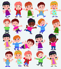Fototapeta premium Cartoon character boys and girls. Set with different postures, attitudes and poses, doing different activities. Vector illustrations.