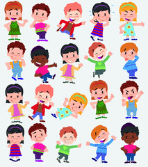 Cartoon character boys and girls. Set with different postures, attitudes and poses, always in positive attitude, doing different activities. Vector illustrations.