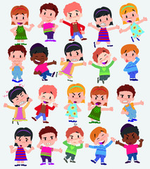 Cartoon character boys and girls. Set with different postures, attitudes and poses, doing different activities. Vector illustrations.