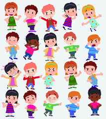 Cartoon character boys and girls. Set with different postures, attitudes and poses, doing different activities. Vector illustrations.