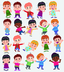 Cartoon character boys and girls. Set with different postures, attitudes and poses, doing different activities. Vector illustrations.