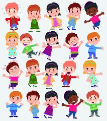 Cartoon character boys and girls. Set with different postures, attitudes and poses, doing different activities. Vector illustrations.