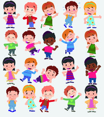 Cartoon character boys and girls. Set with different postures, attitudes and poses, always in positive attitude, doing different activities. Vector illustrations.